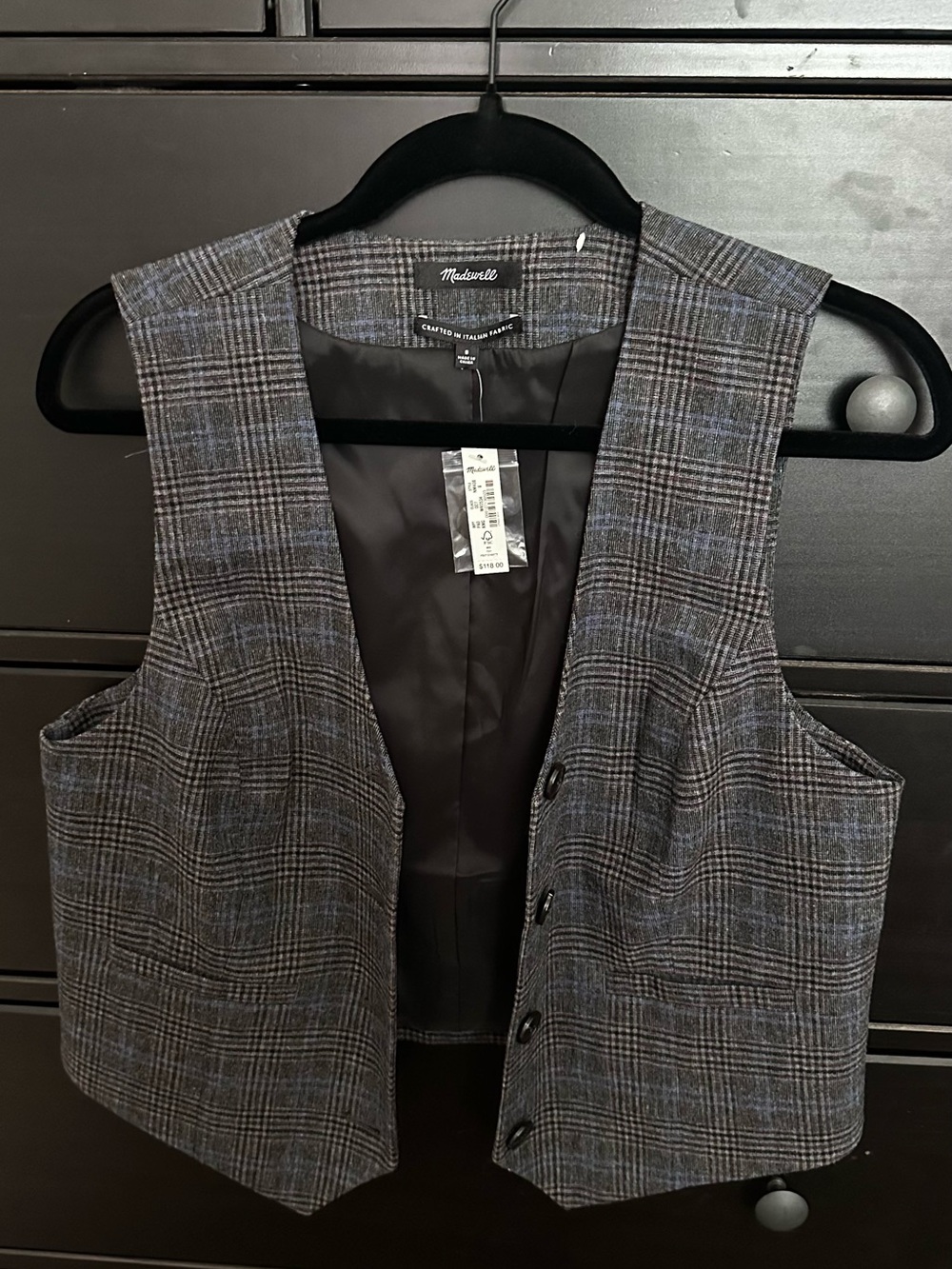 Madewell Women’s Gray Plaid Vest with Subtle Blue Check